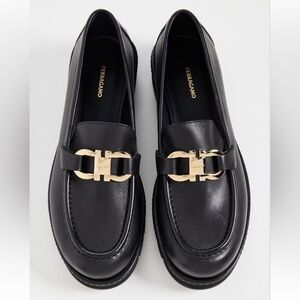 Ferragamo Black Loafers with Gold Buckle